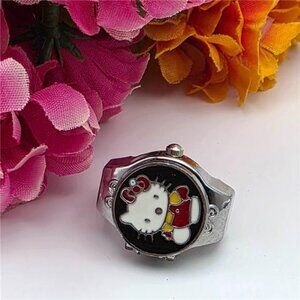 Bohzi Enamel Cat Face Flip Cover Ring Watch Silver Tone Stretch Band Vintage OS